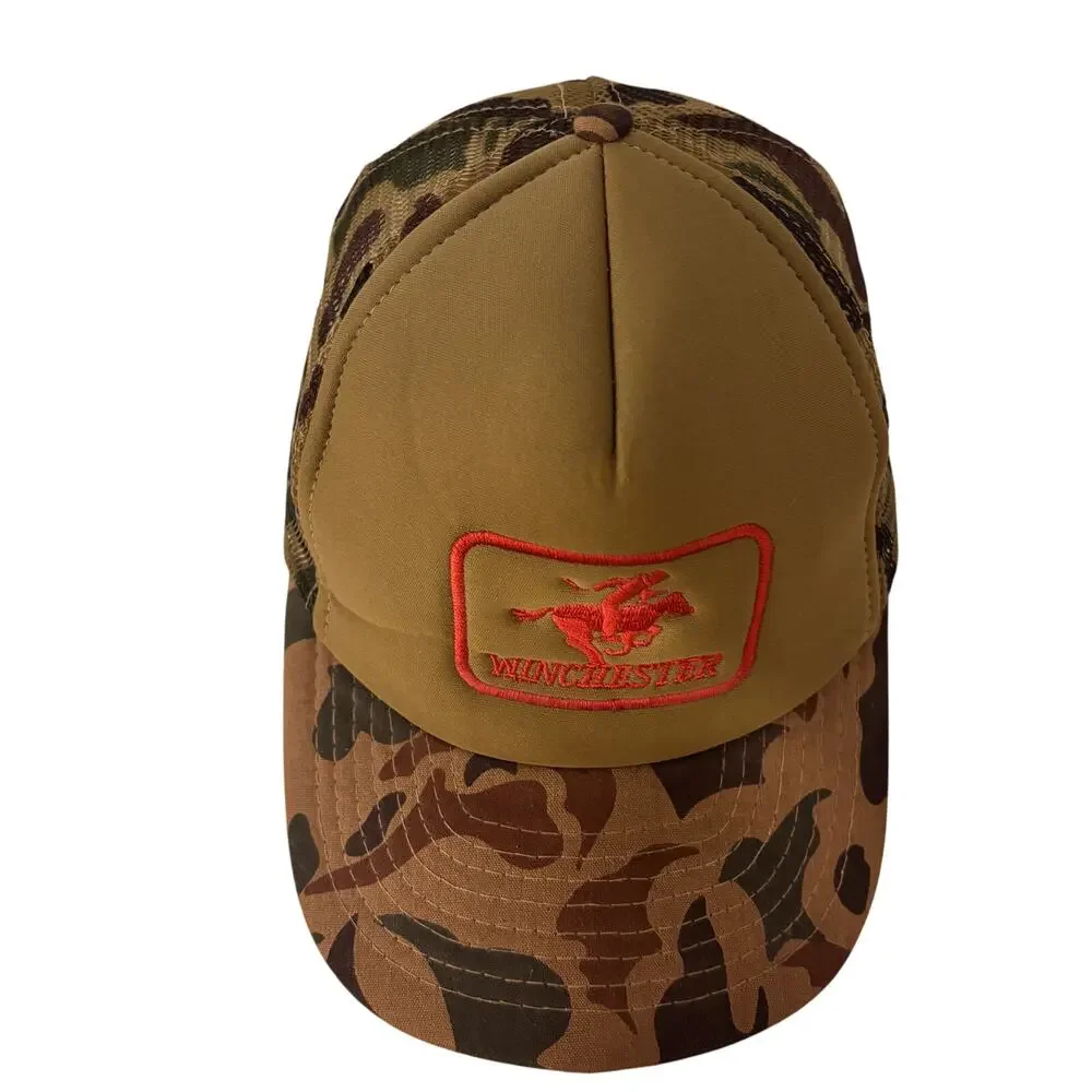 Vtg 80s WINCHESTER Camouflage Trucker Hat Embroidered Green Mesh Snapback Cap